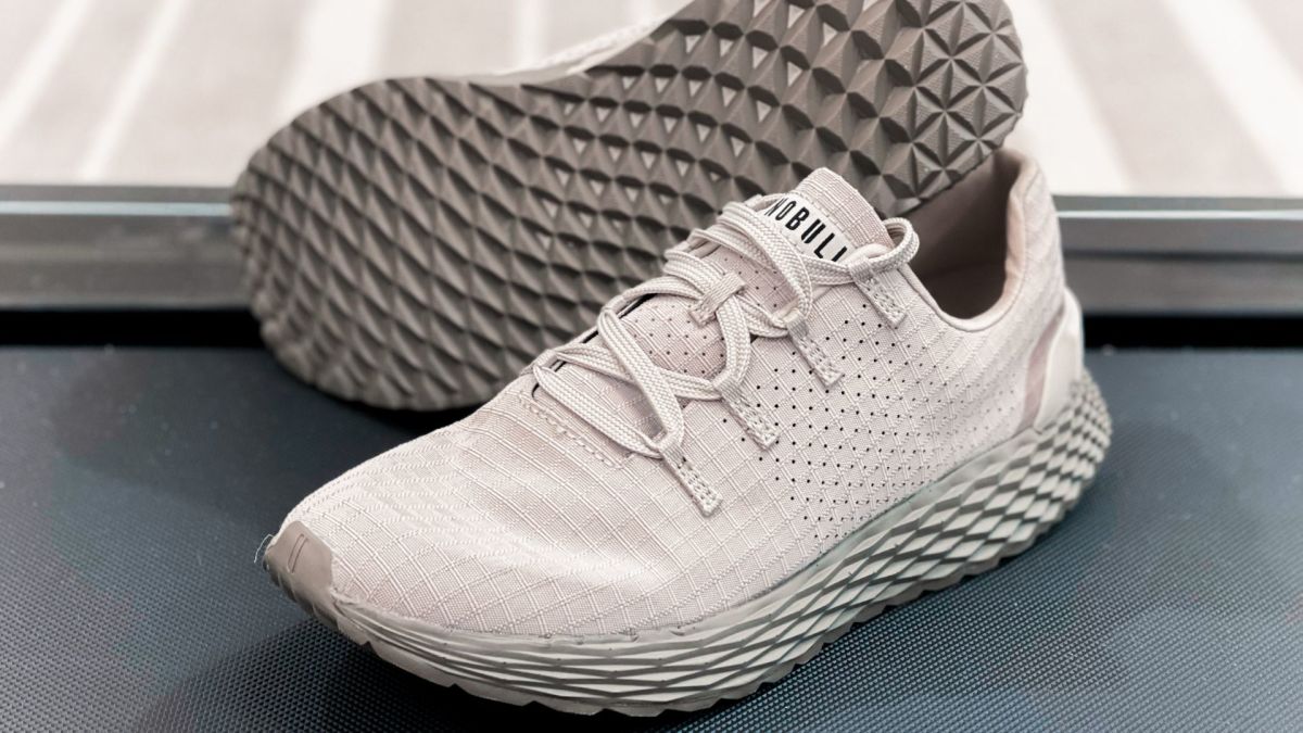 Close up image of the NoBull Ripstop Runner Shoes in a biege grey color.